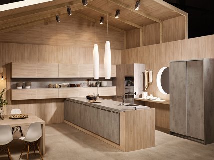 KH Küche: Beton Grau / Fjord Buche Natur horizontal